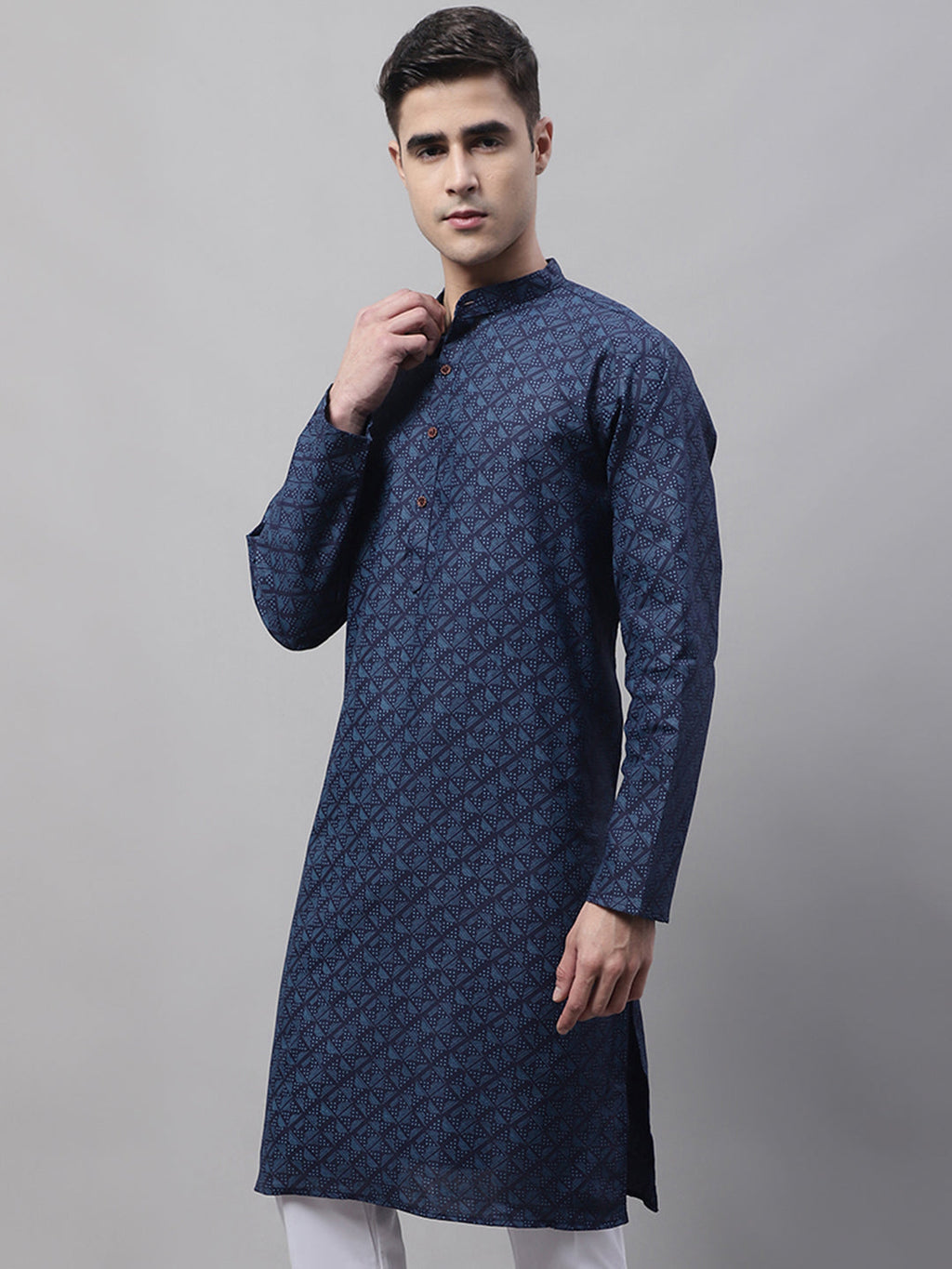 Jompers Men's Navy Blue Printed Pure Cotton Kurta | Grocsy