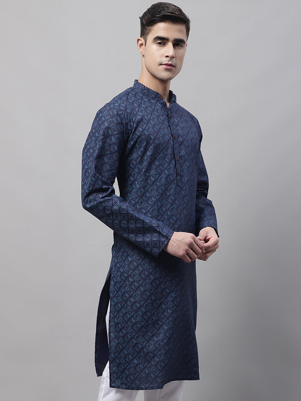 Jompers Men's Navy Blue Printed Pure Cotton Kurta | Grocsy