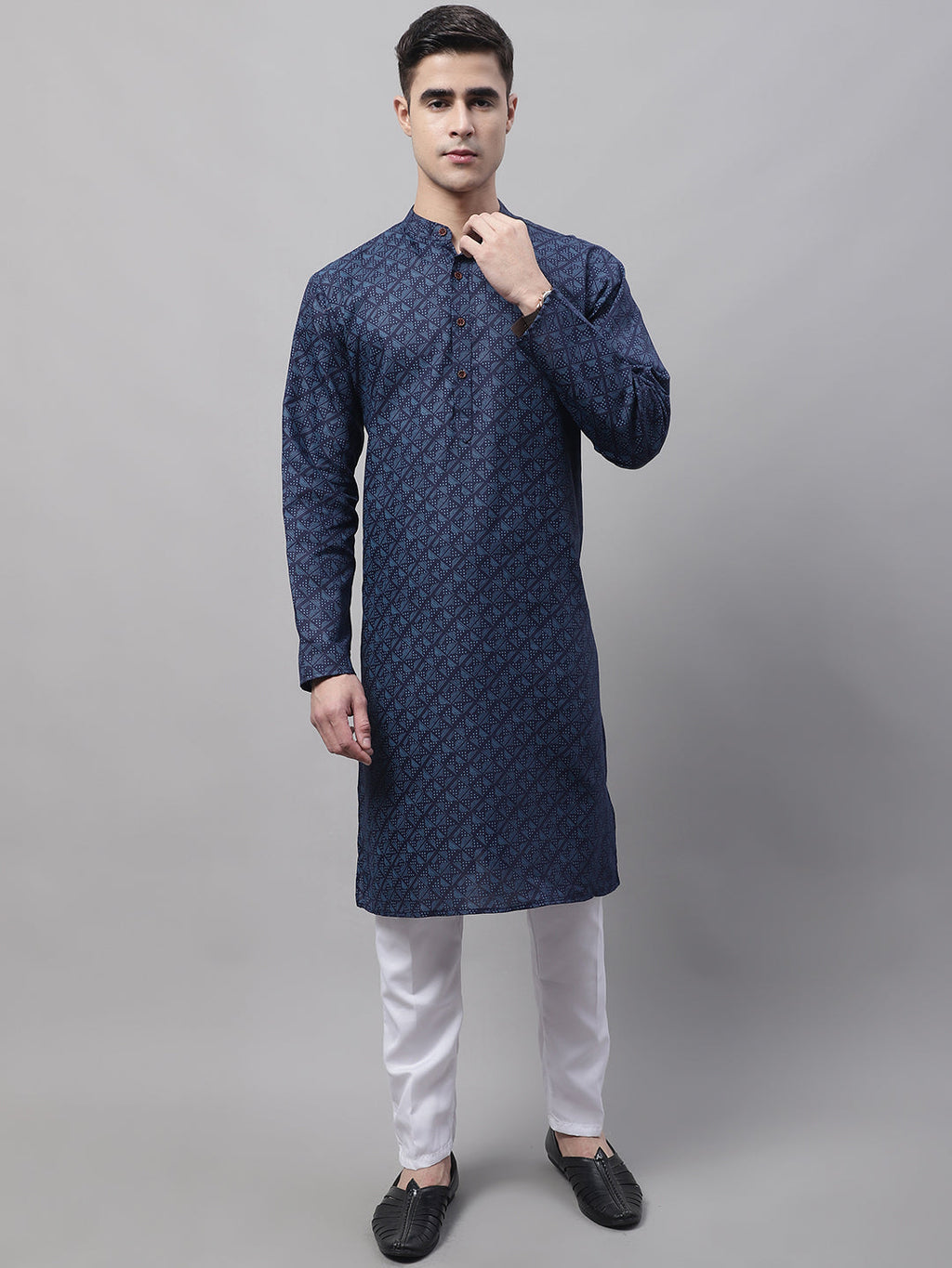Jompers Men's Navy Blue Printed Pure Cotton Kurta | Grocsy