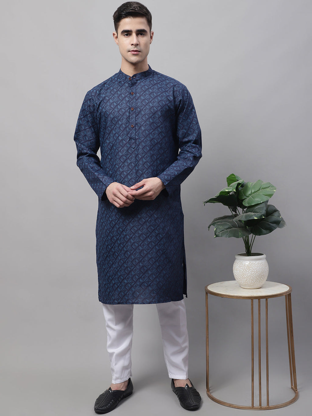 Jompers Men's Navy Blue Printed Pure Cotton Kurta | Grocsy
