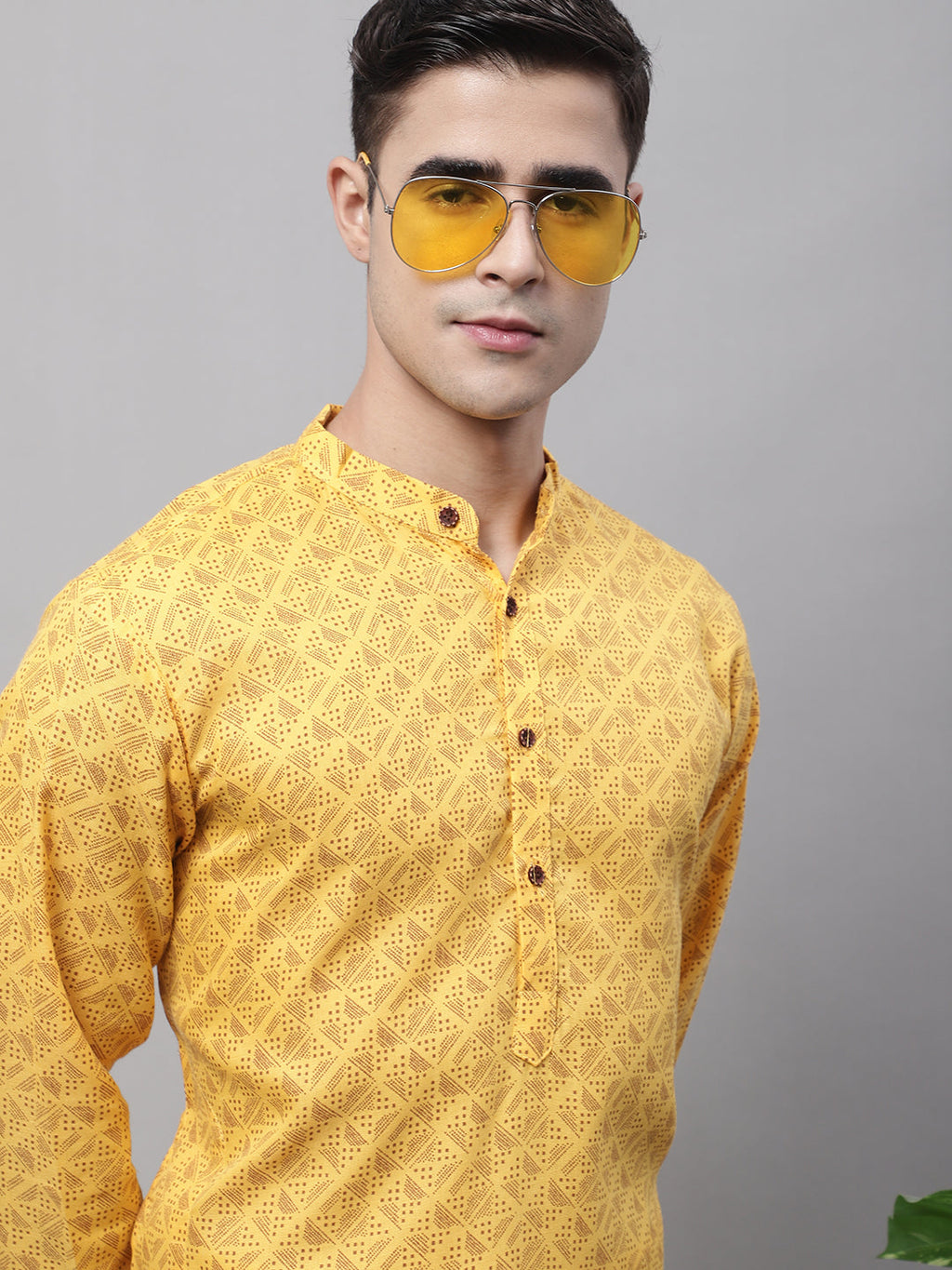 Jompers Men's Yellow Printed Pure Cotton Kurta | Grocsy