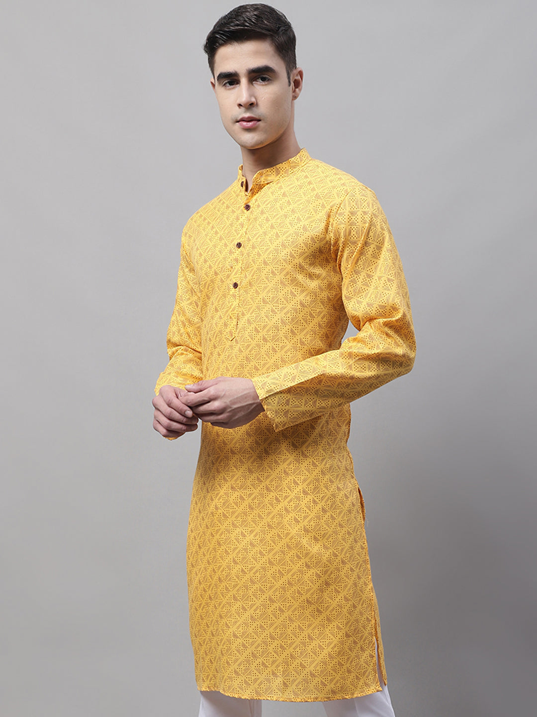 Jompers Men's Yellow Printed Pure Cotton Kurta | Grocsy