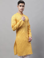 Jompers Men's Yellow Printed Pure Cotton Kurta | Grocsy