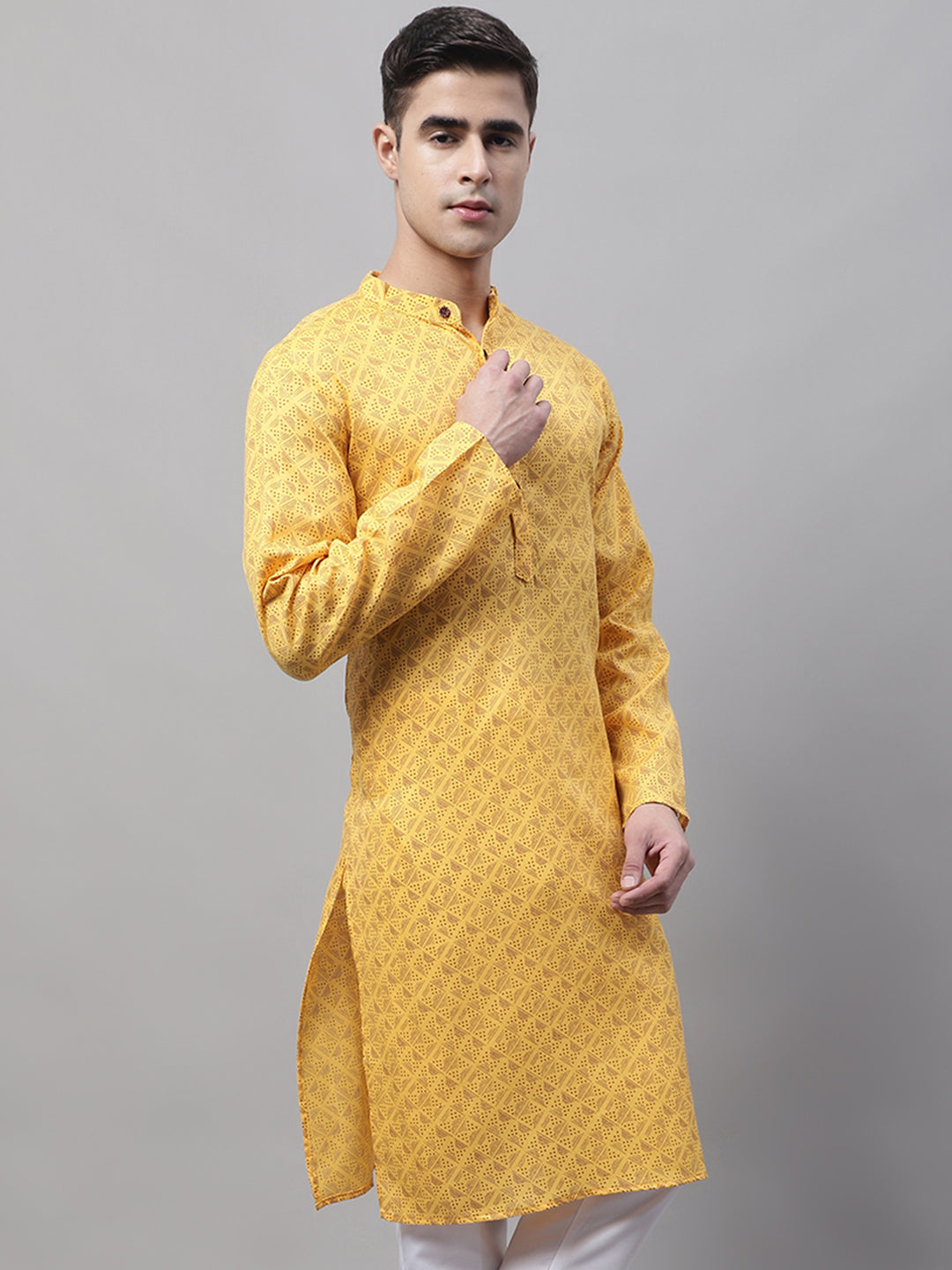 Jompers Men's Yellow Printed Pure Cotton Kurta | Grocsy