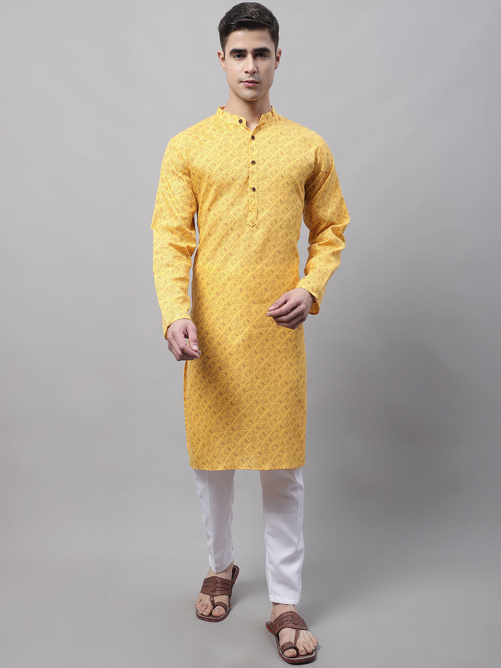 Jompers Men's Yellow Printed Pure Cotton Kurta | Grocsy