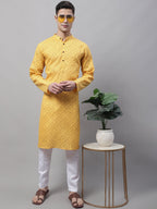 Jompers Men's Yellow Printed Pure Cotton Kurta | Grocsy