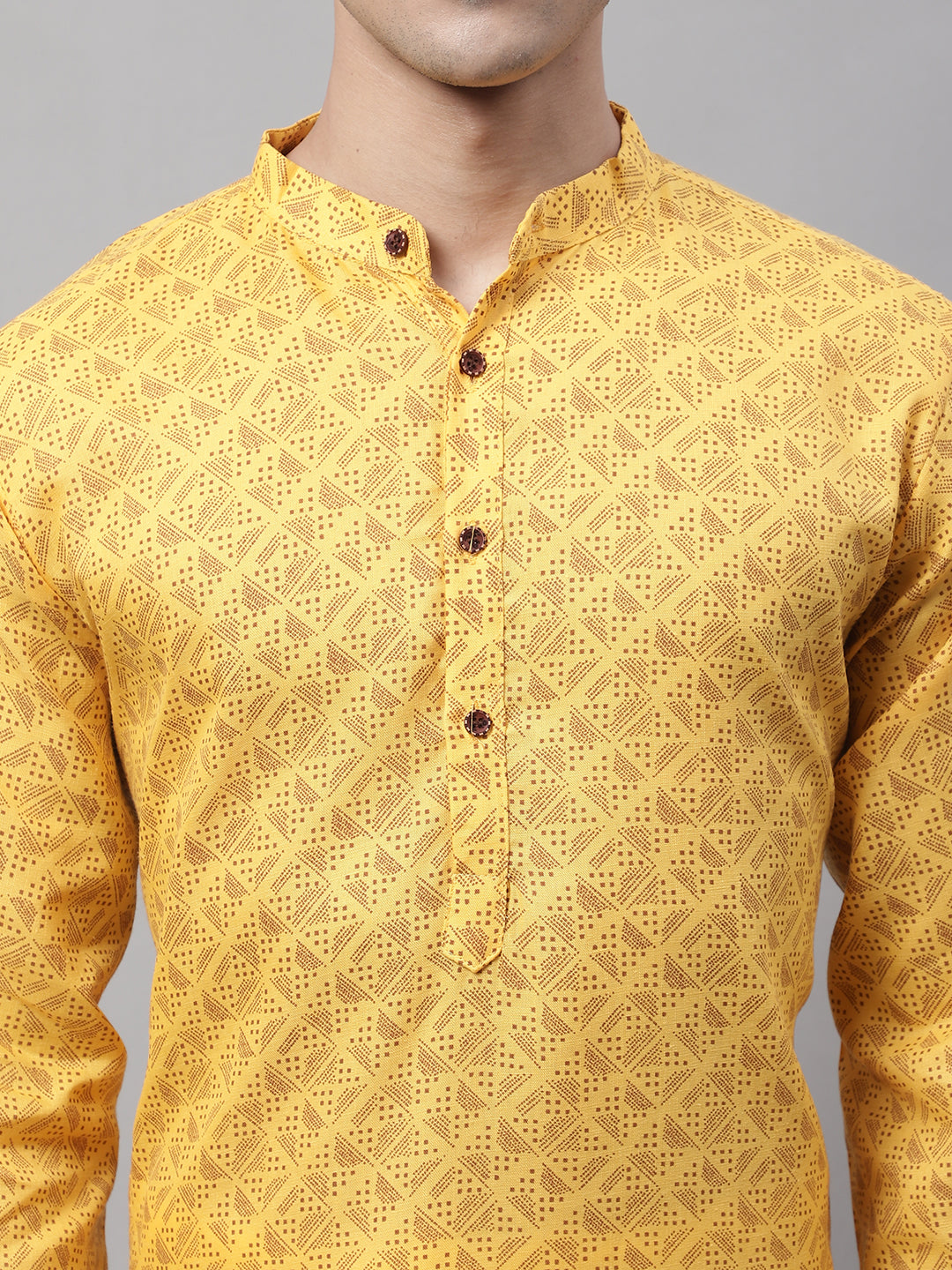 Jompers Men's Yellow Printed Pure Cotton Kurta | Grocsy