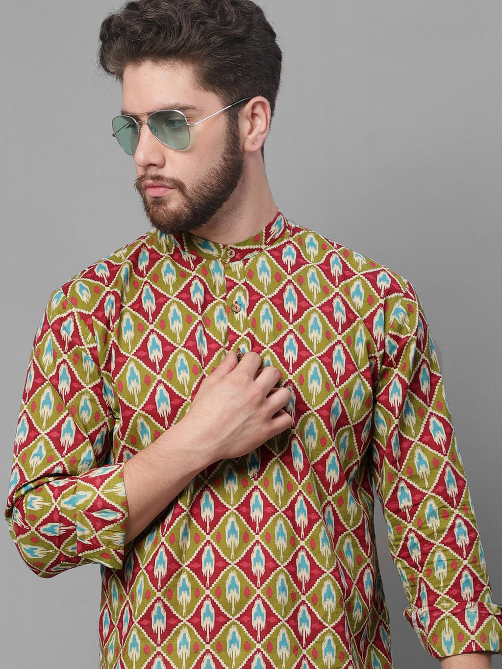 Jompers Men's Olive and Maroon Ikkat Printed Short Kurta | Grocsy