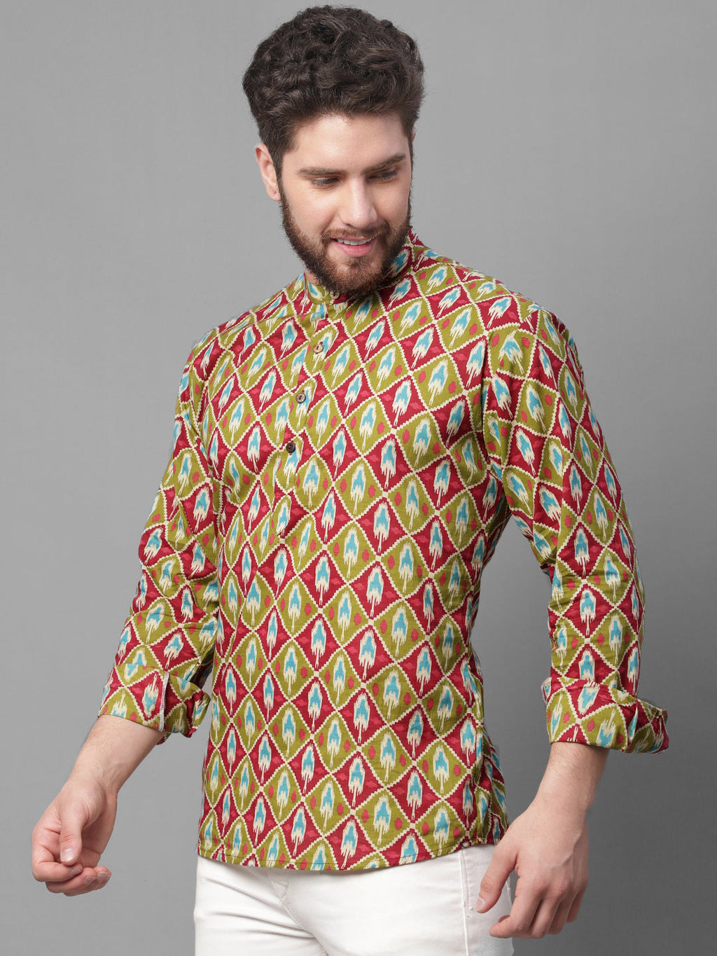 Jompers Men's Olive and Maroon Ikkat Printed Short Kurta | Grocsy