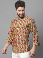 Jompers Men's Olive and Maroon Ikkat Printed Short Kurta | Grocsy