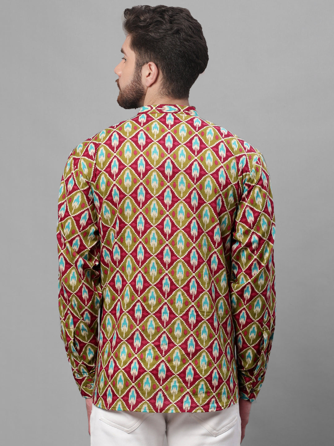 Jompers Men's Olive and Maroon Ikkat Printed Short Kurta | Grocsy