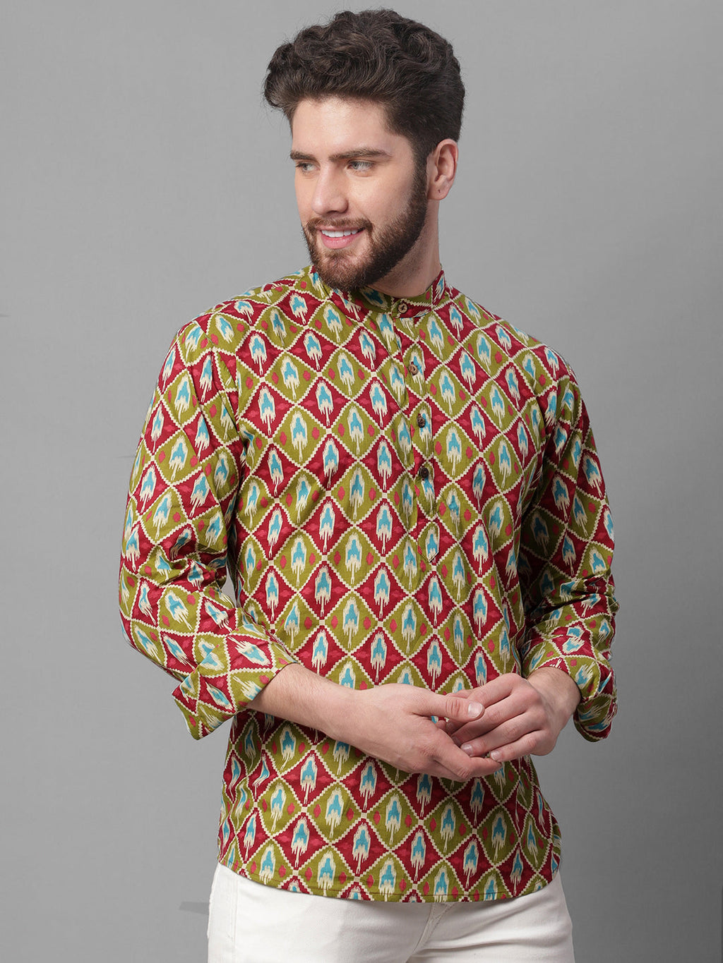 Jompers Men's Olive and Maroon Ikkat Printed Short Kurta | Grocsy