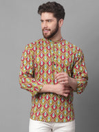 Jompers Men's Olive and Maroon Ikkat Printed Short Kurta | Grocsy