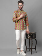 Jompers Men's Olive and Maroon Ikkat Printed Short Kurta | Grocsy