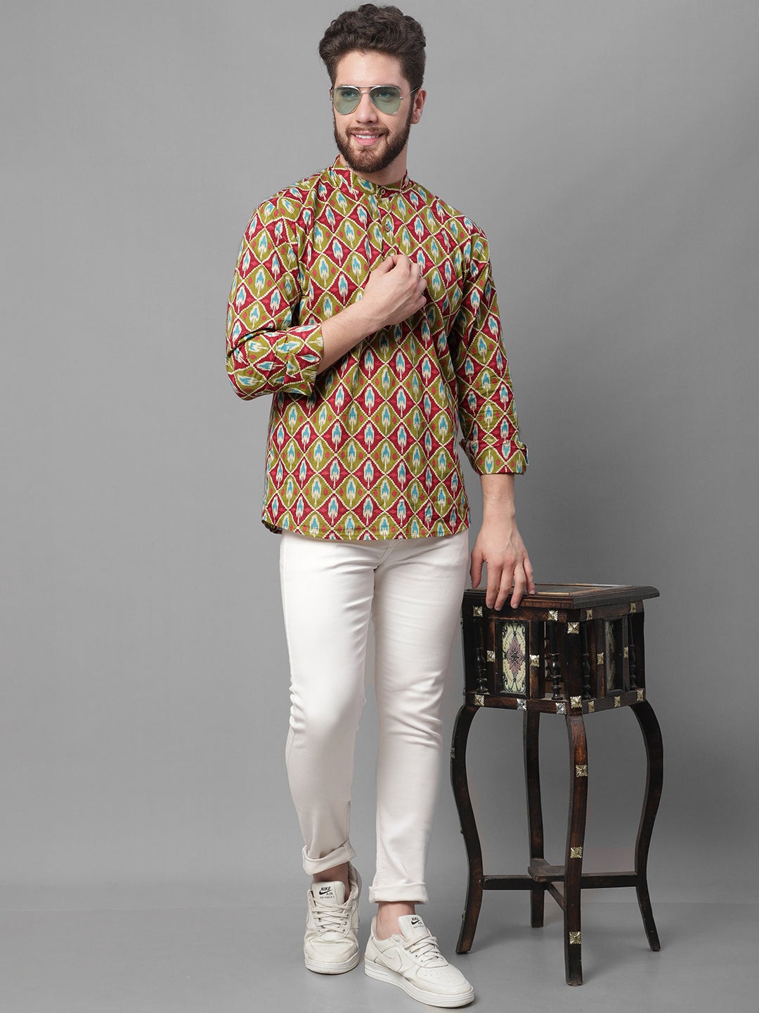 Jompers Men's Olive and Maroon Ikkat Printed Short Kurta | Grocsy