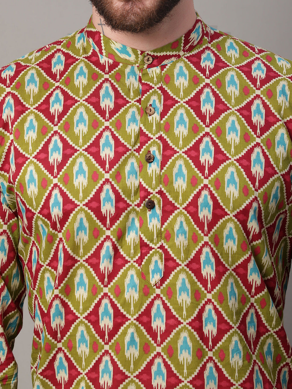 Jompers Men's Olive and Maroon Ikkat Printed Short Kurta | Grocsy