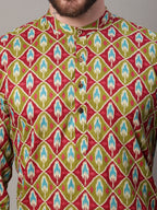 Jompers Men's Olive and Maroon Ikkat Printed Short Kurta | Grocsy