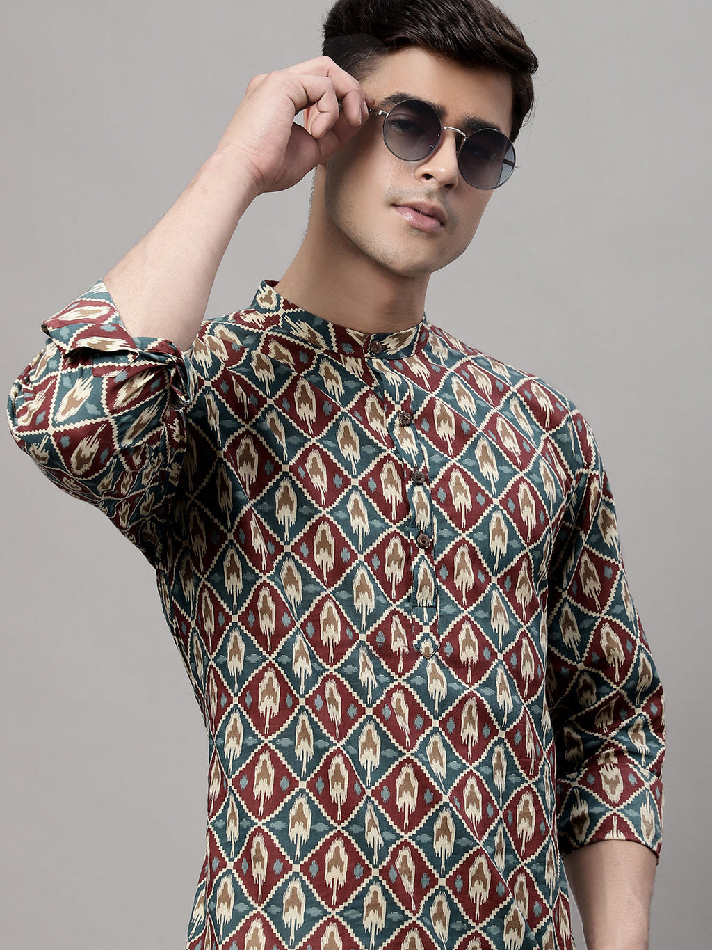 Jompers Men's Blue and Maroon Ikkat Printed Short Kurta | Grocsy
