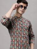 Jompers Men's Blue and Maroon Ikkat Printed Short Kurta | Grocsy