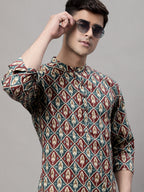 Jompers Men's Blue and Maroon Ikkat Printed Short Kurta | Grocsy
