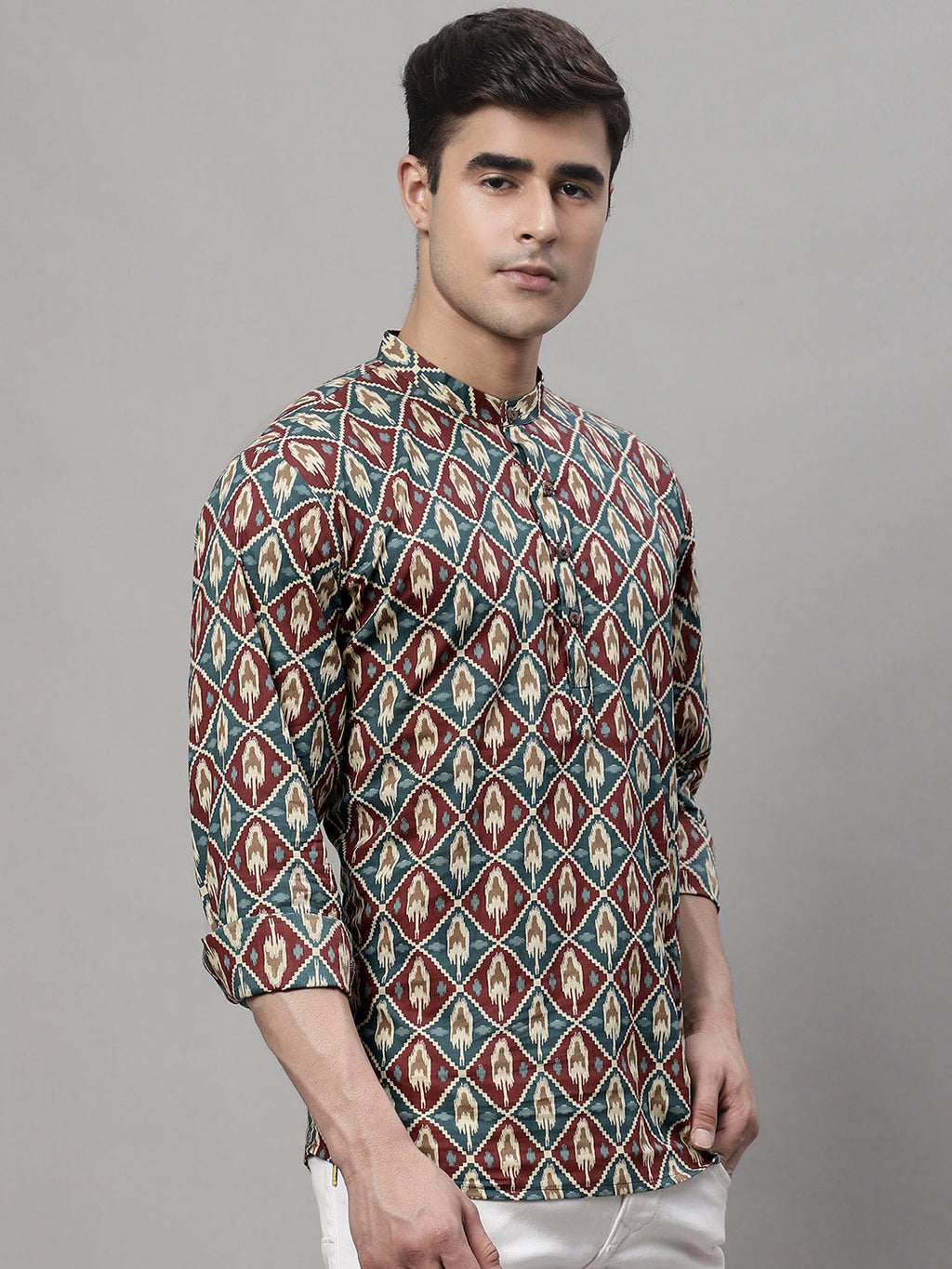 Jompers Men's Blue and Maroon Ikkat Printed Short Kurta | Grocsy