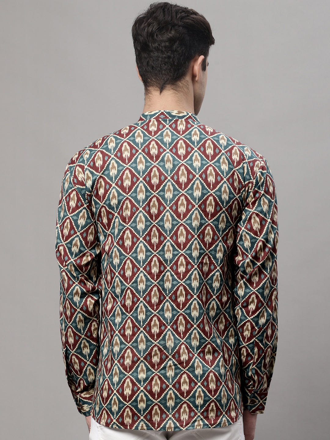 Jompers Men's Blue and Maroon Ikkat Printed Short Kurta | Grocsy