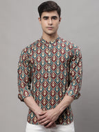 Jompers Men's Blue and Maroon Ikkat Printed Short Kurta | Grocsy