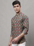 Jompers Men's Blue and Maroon Ikkat Printed Short Kurta | Grocsy
