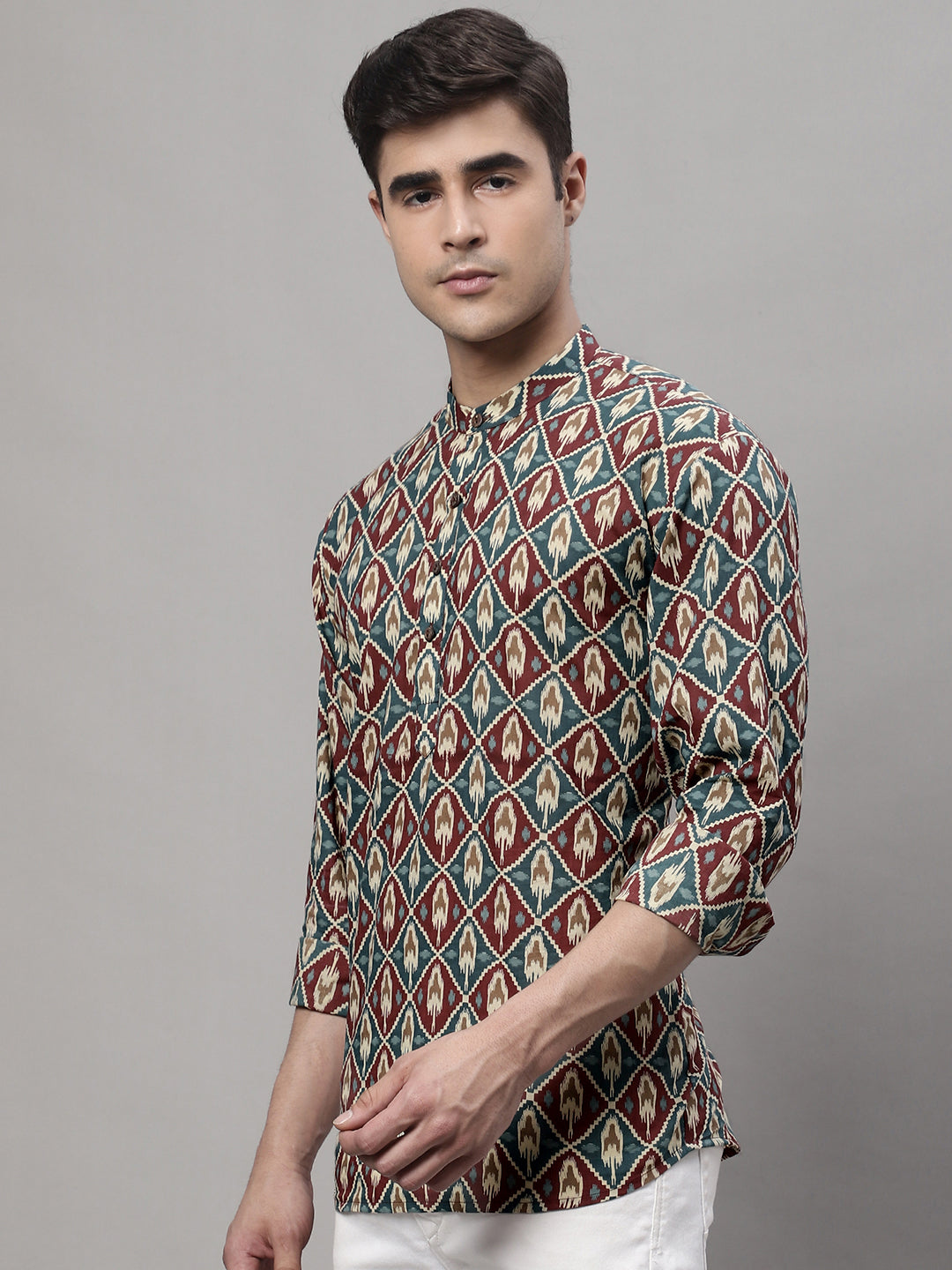 Jompers Men's Blue and Maroon Ikkat Printed Short Kurta | Grocsy