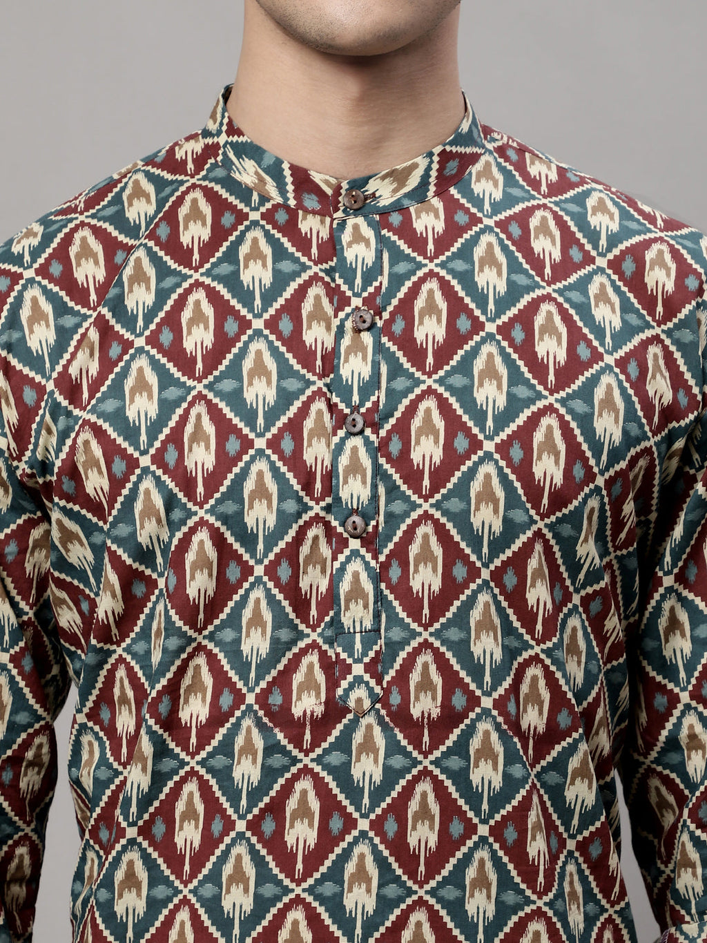 Jompers Men's Blue and Maroon Ikkat Printed Short Kurta | Grocsy