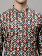 Jompers Men's Blue and Maroon Ikkat Printed Short Kurta | Grocsy