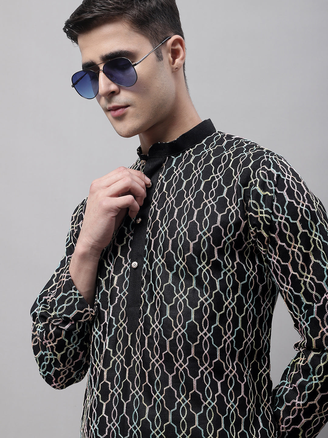 Jompers Men's Black and Multi Coloured Embroidered Straight Kurta | Grocsy