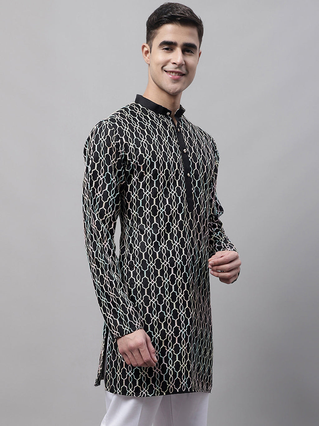 Jompers Men's Black and Multi Coloured Embroidered Straight Kurta | Grocsy