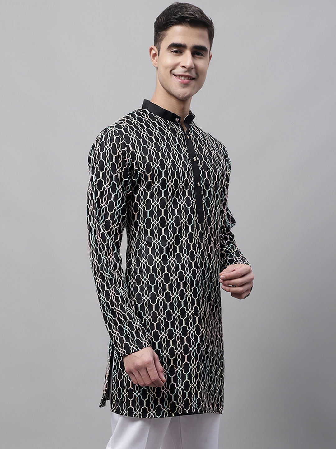 Jompers Men's Black and Multi Coloured Embroidered Straight Kurta | Grocsy