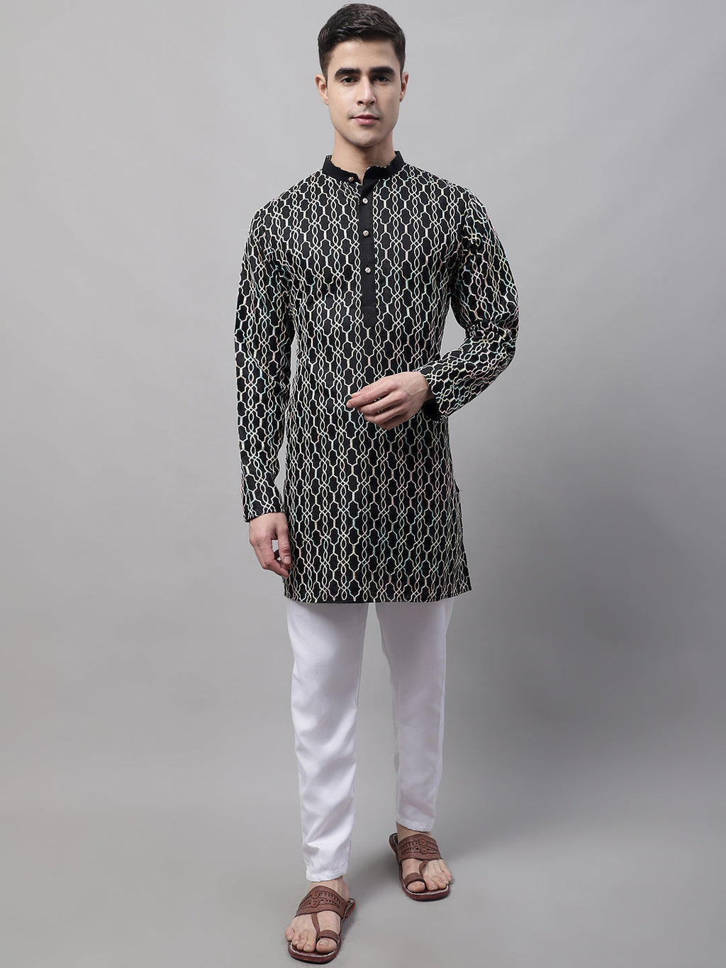 Jompers Men's Black and Multi Coloured Embroidered Straight Kurta | Grocsy