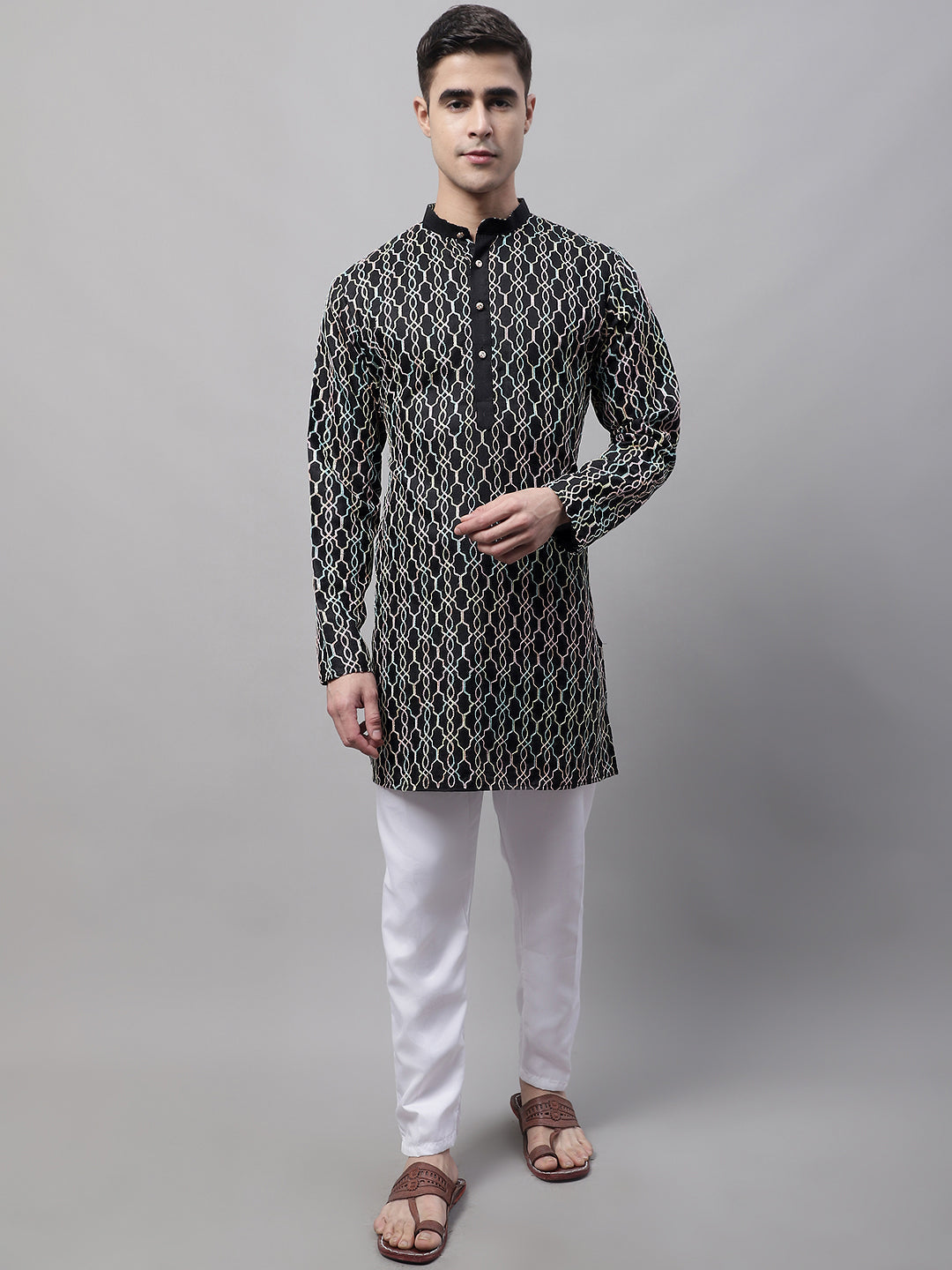 Jompers Men's Black and Multi Coloured Embroidered Straight Kurta | Grocsy