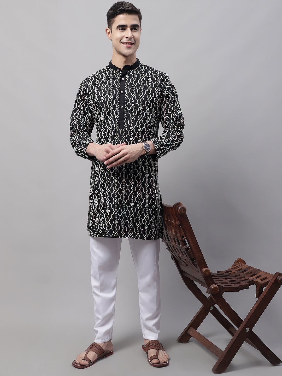 Jompers Men's Black and Multi Coloured Embroidered Straight Kurta | Grocsy