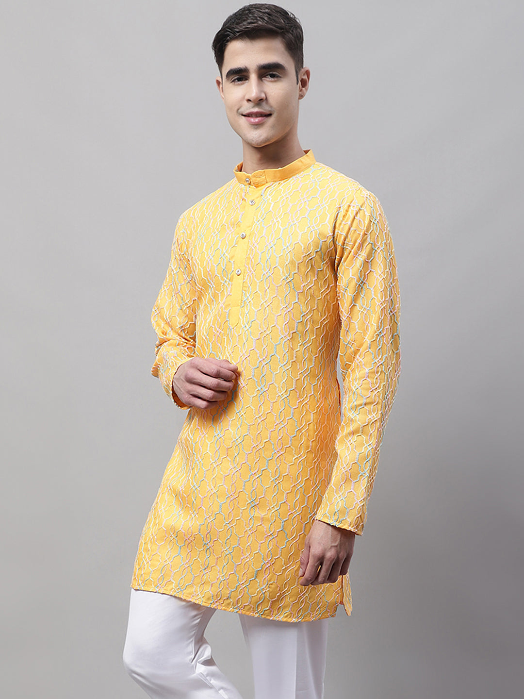 Jompers Men's Mustard and Multi Coloured Embroidered Straight Kurta | Grocsy