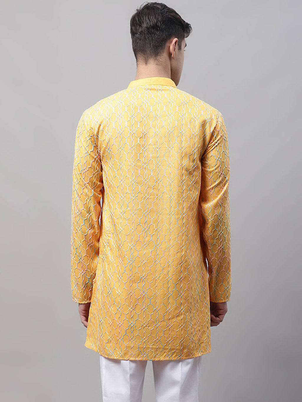 Jompers Men's Mustard and Multi Coloured Embroidered Straight Kurta | Grocsy