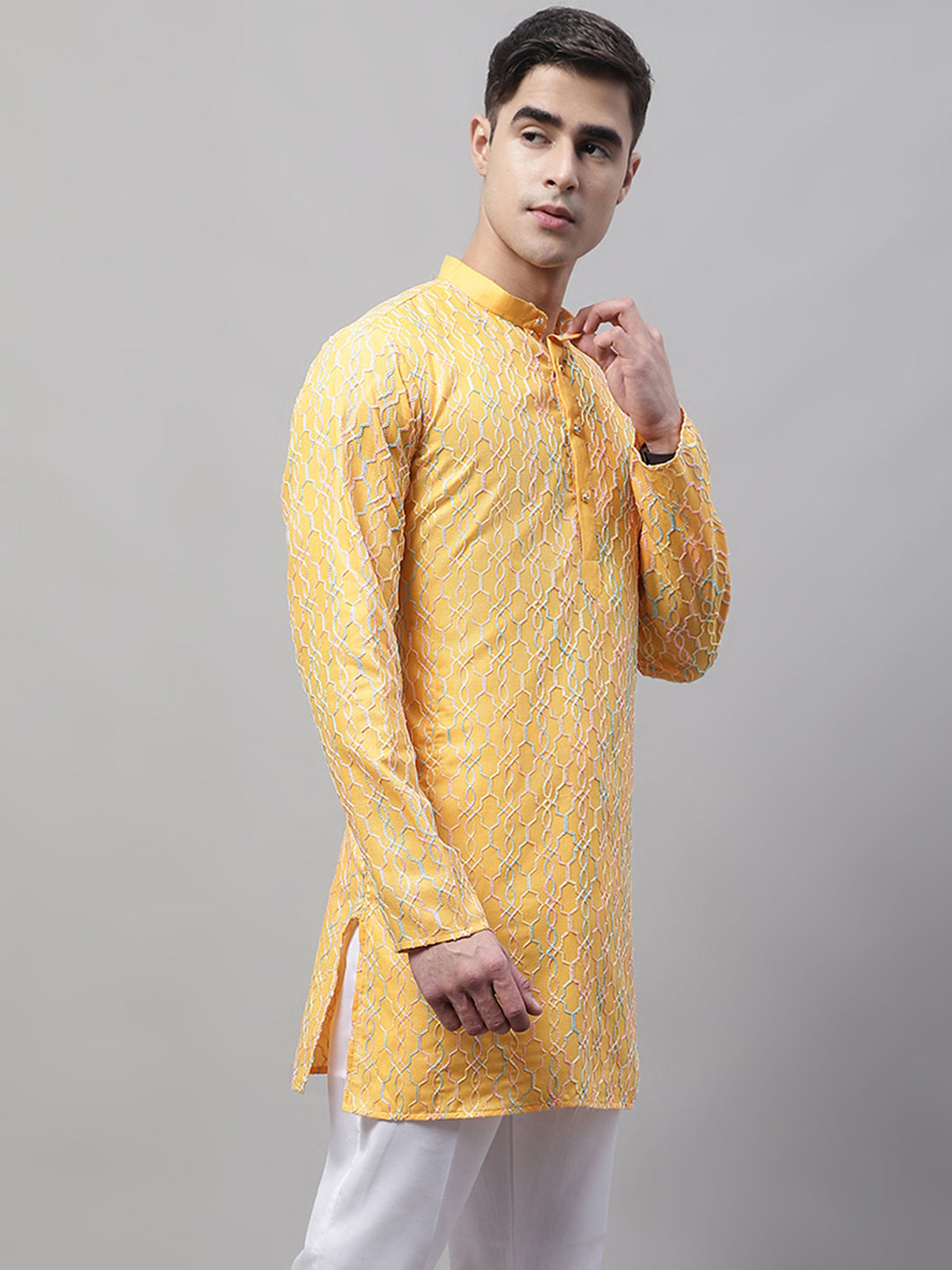 Jompers Men's Mustard and Multi Coloured Embroidered Straight Kurta | Grocsy