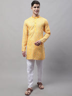 Jompers Men's Mustard and Multi Coloured Embroidered Straight Kurta | Grocsy
