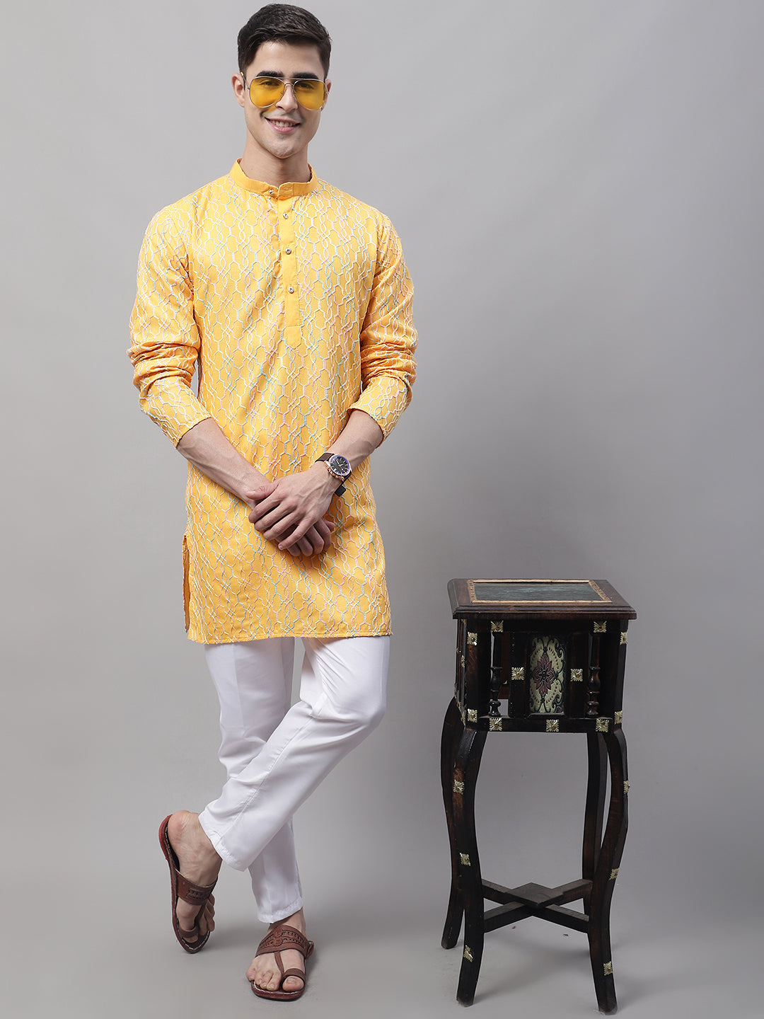 Jompers Men's Mustard and Multi Coloured Embroidered Straight Kurta | Grocsy