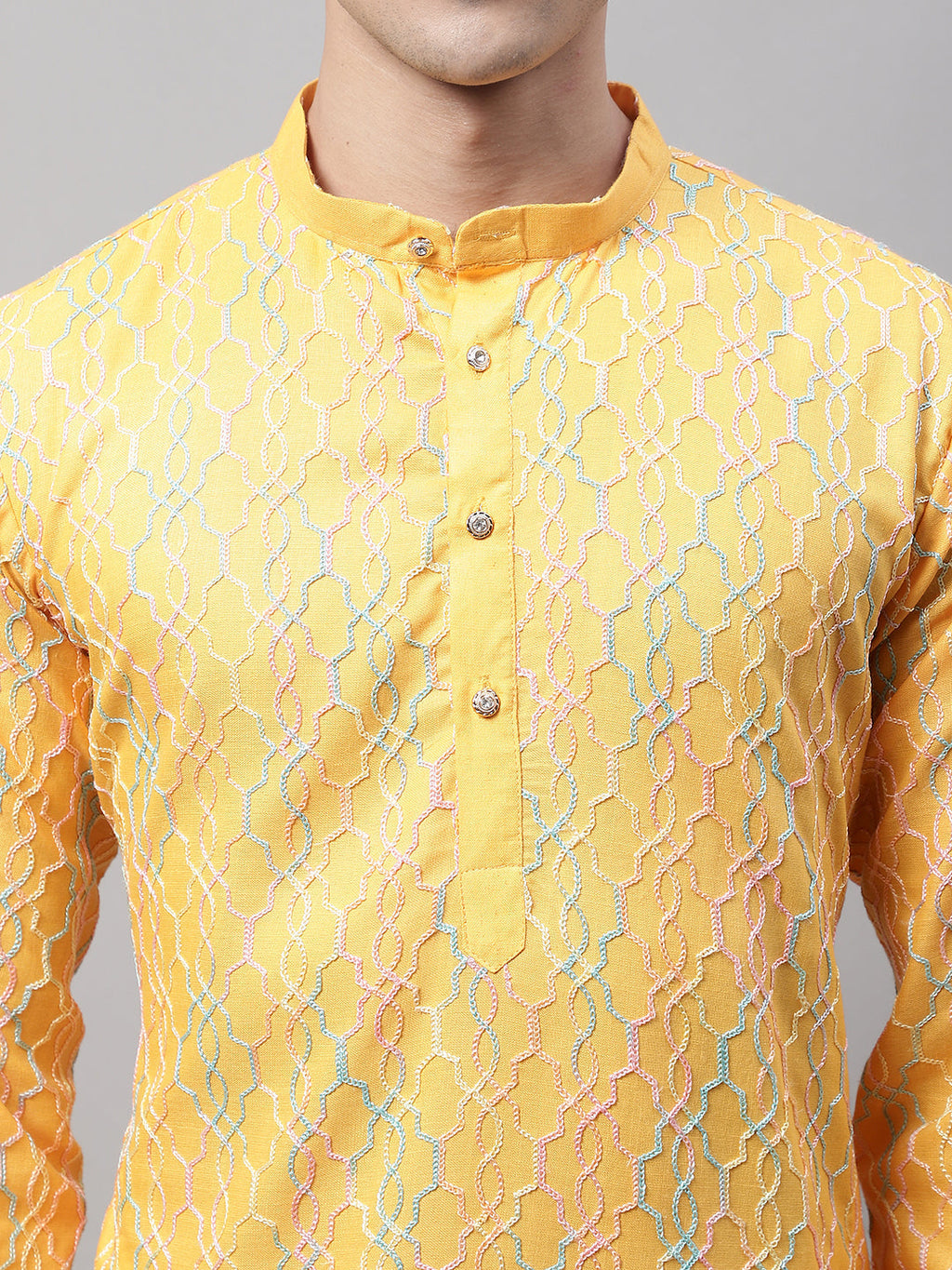Jompers Men's Mustard and Multi Coloured Embroidered Straight Kurta | Grocsy