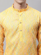 Jompers Men's Mustard and Multi Coloured Embroidered Straight Kurta | Grocsy