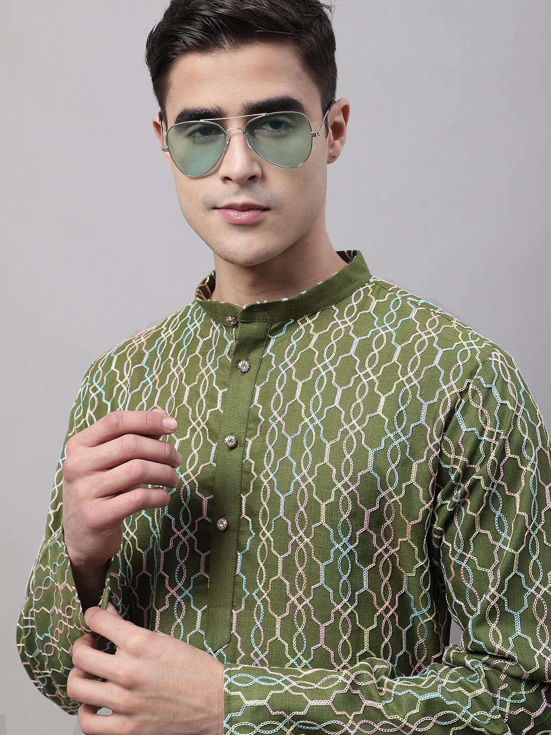 Jompers Men's Olive Green and Multi Coloured Embroidered Straight Kurta | Grocsy