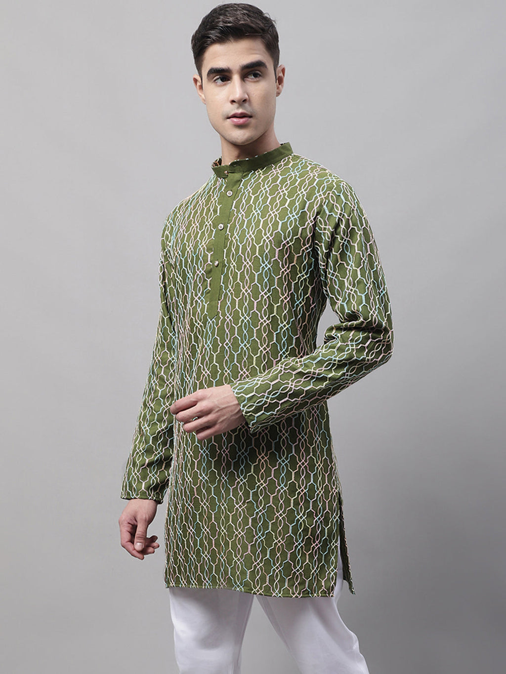 Jompers Men's Olive Green and Multi Coloured Embroidered Straight Kurta | Grocsy