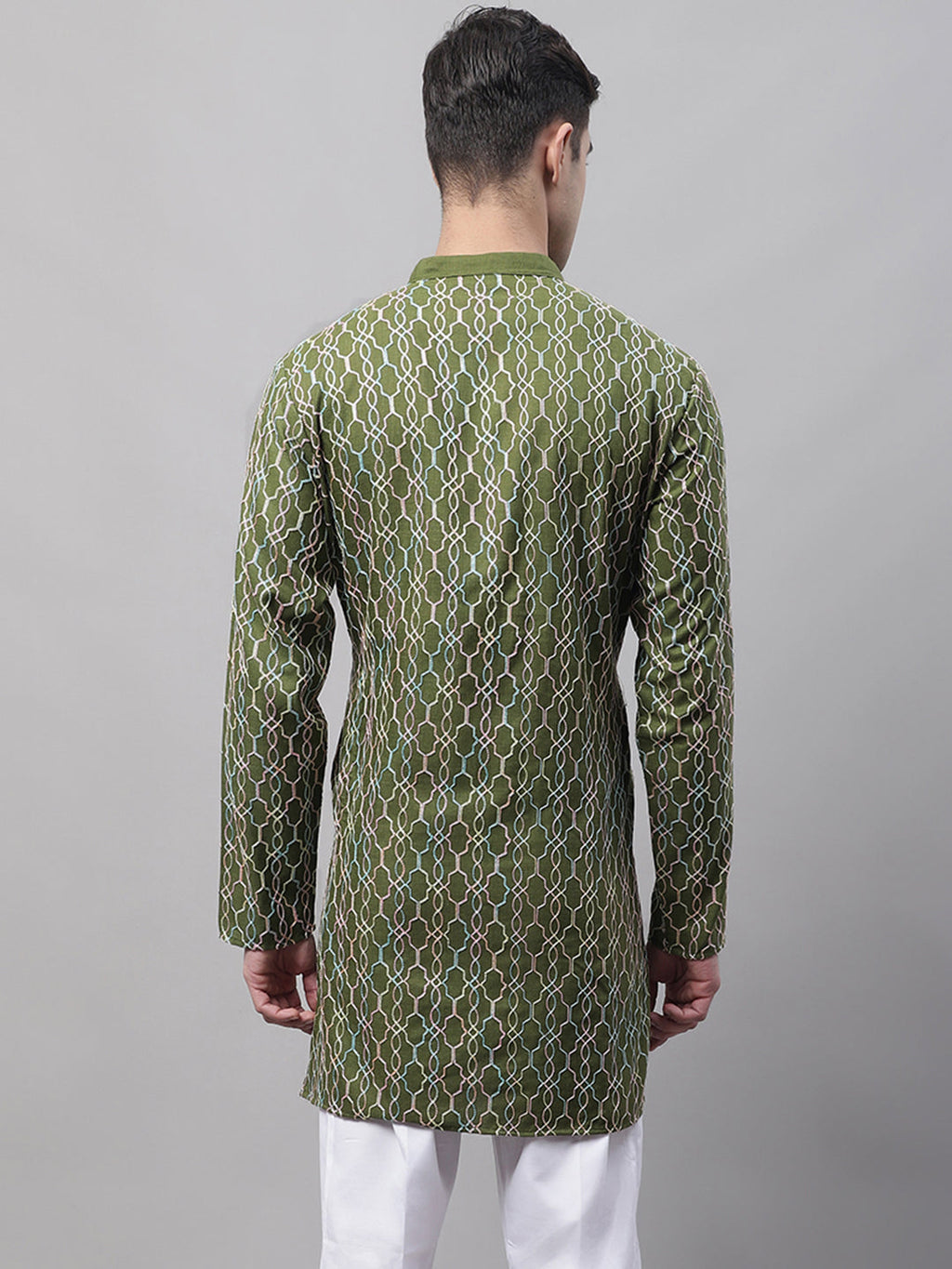 Jompers Men's Olive Green and Multi Coloured Embroidered Straight Kurta | Grocsy