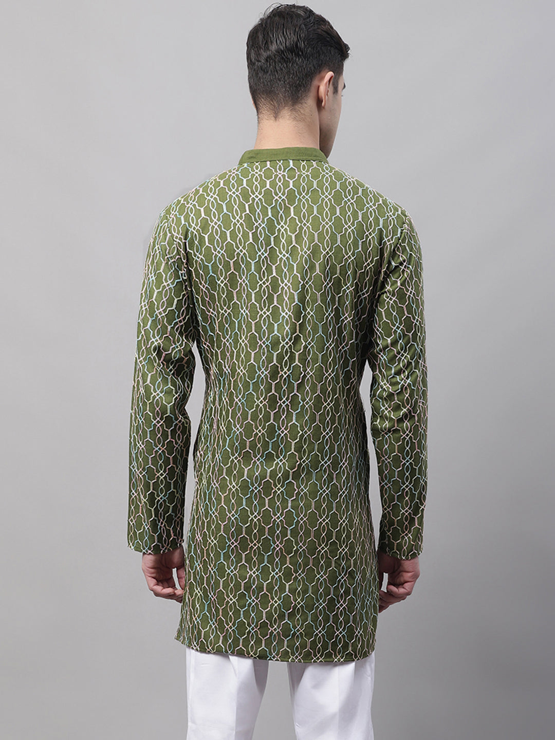 Jompers Men's Olive Green and Multi Coloured Embroidered Straight Kurta | Grocsy
