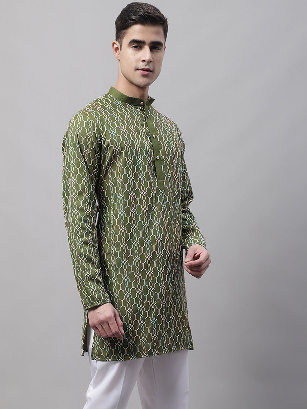 Jompers Men's Olive Green and Multi Coloured Embroidered Straight Kurta | Grocsy