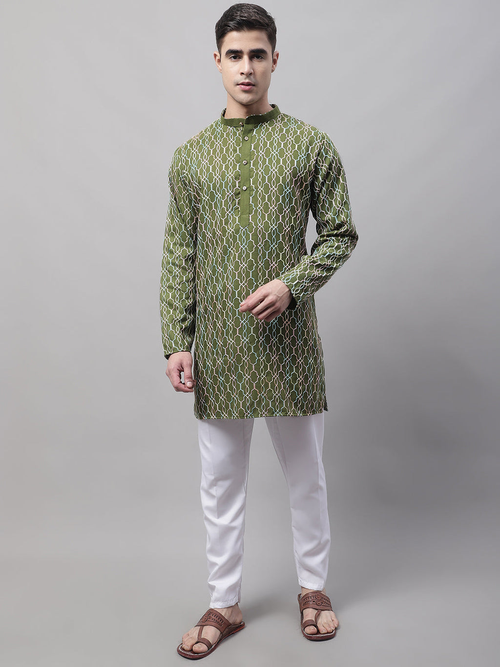 Jompers Men's Olive Green and Multi Coloured Embroidered Straight Kurta | Grocsy